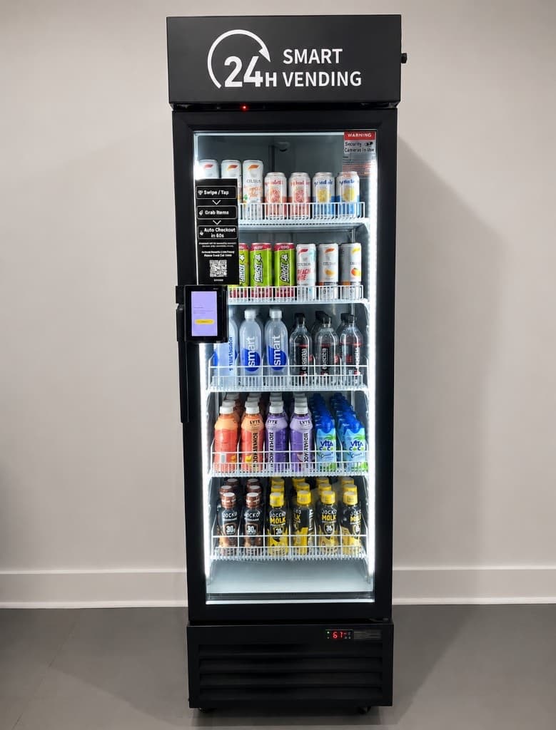 Single gym AI vending machine stocked with energy drinks, bottled water, sports drinks, and protein drinks
