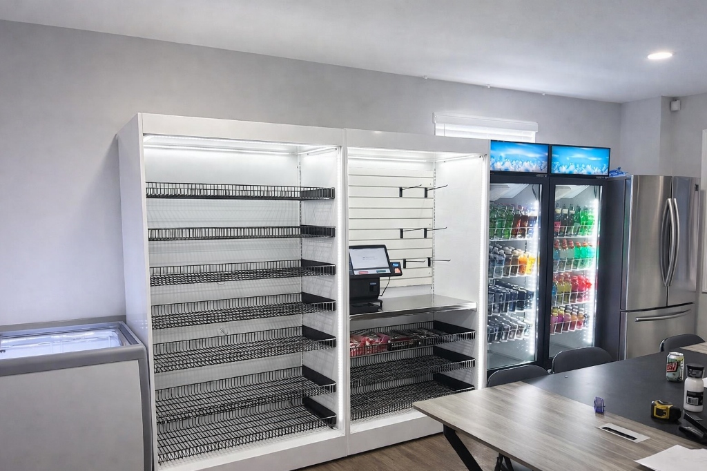 Jacksonville micro-market during install, with open shelves, a kiosk, and drink cases